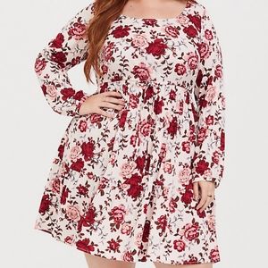 Ivory Floral Challis Drawstring Skater Dress